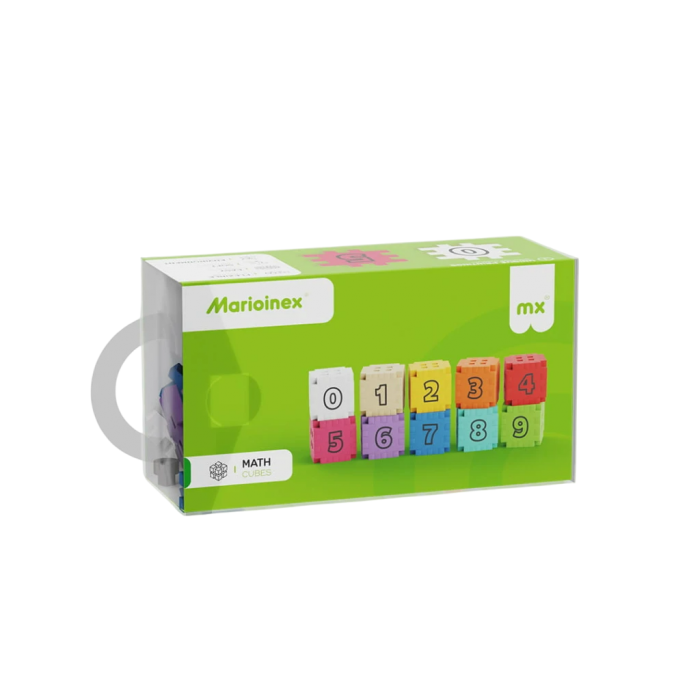 Vista lateral da embalagem do Marioinex Mini Waffle Edu Números, destacando a marca e os cubos de construção matemática.