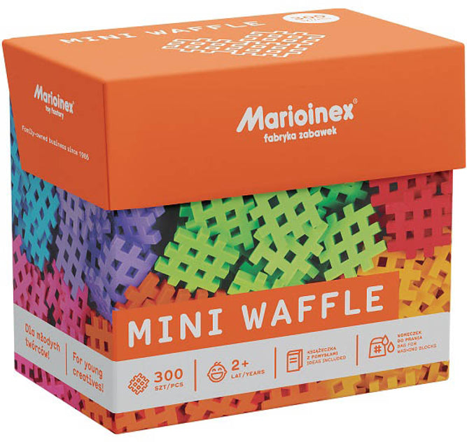 Caixa de embalagem dos blocos Mini Waffle Marioinex, mostrando a caixa fechada com imagem dos blocos e informações do produto.