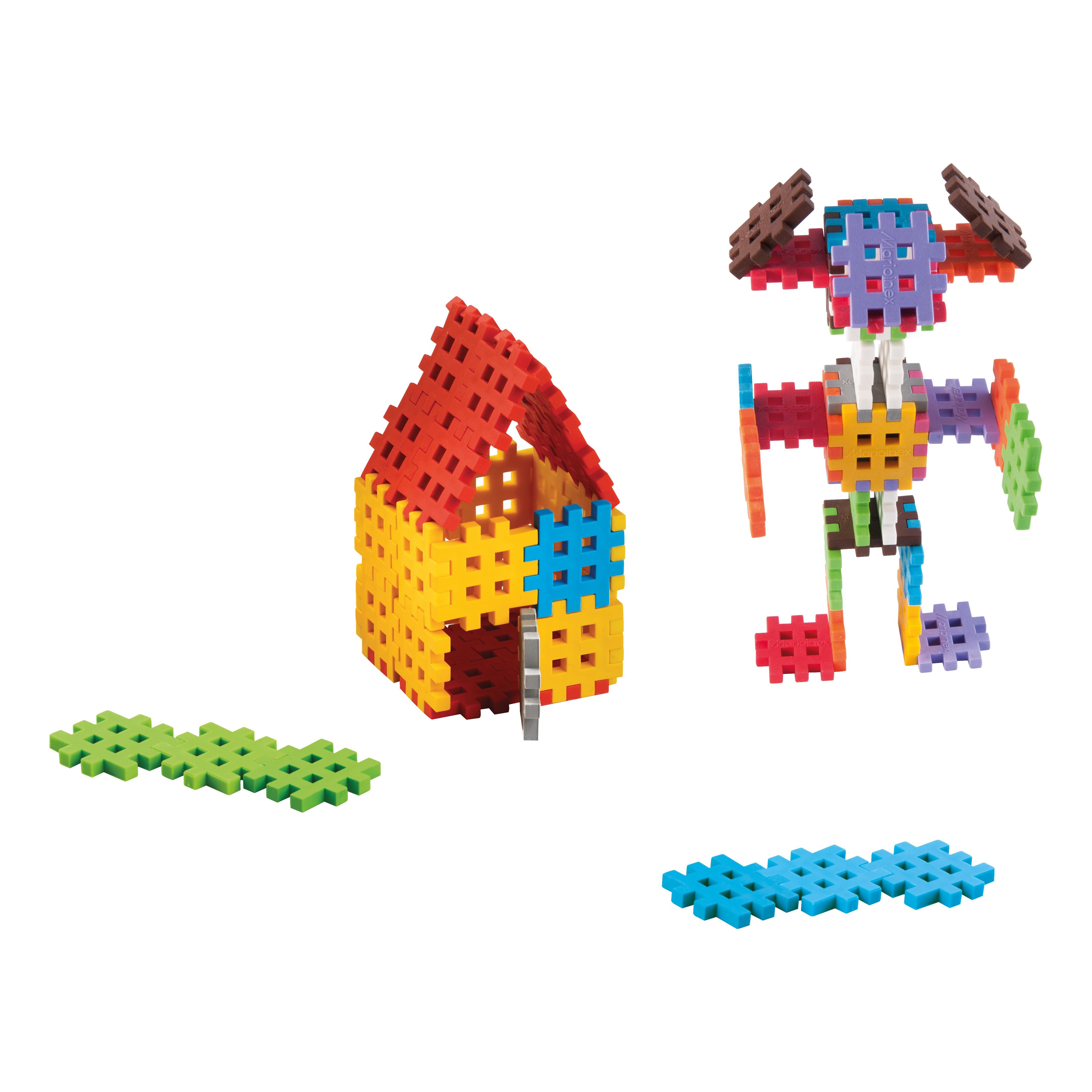 Exemplos de construções possíveis com os blocos Mini Waffle Marioinex: uma casa, um robô e peças individuais.