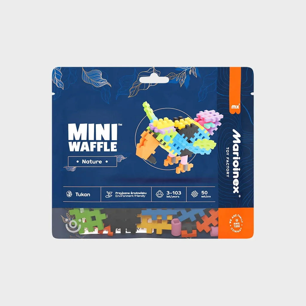 Embalagem do Marioinex Mini Waffle Nature Animais 50 peças, mostrando os blocos e um exemplo de construção.
