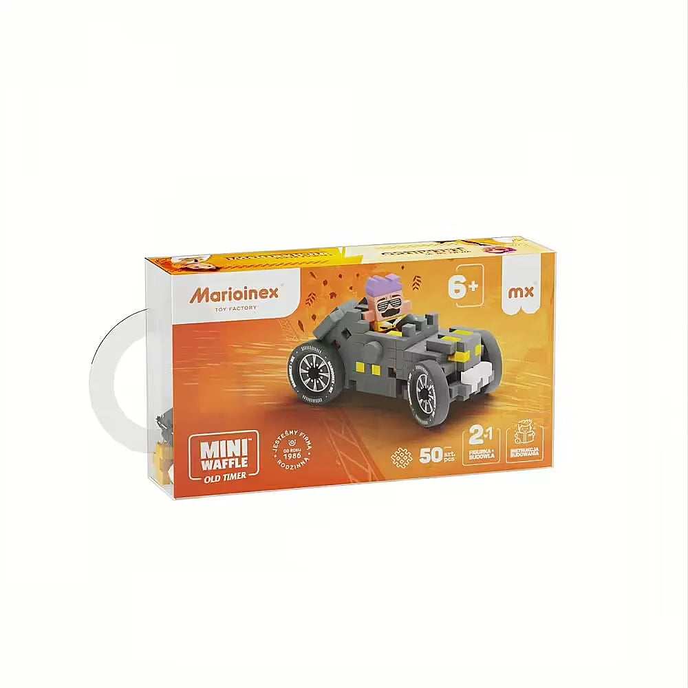 Caixa do kit de construção Marioinex Mini Waffle Old Timer - Jeremy com detalhes das peças, idade recomendada (6+) e número de peças (50+).