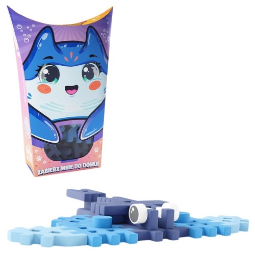 Arraia azul construída com blocos Mini Waffle Pocket Pets e a sua embalagem.