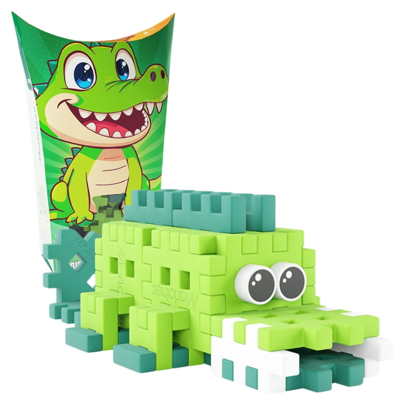 Crocodilo verde construído com blocos Mini Waffle Pocket Pets e a sua embalagem.