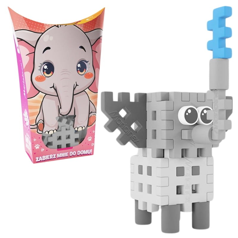 Elefante cinzento construído com blocos Mini Waffle Pocket Pets e a sua embalagem.