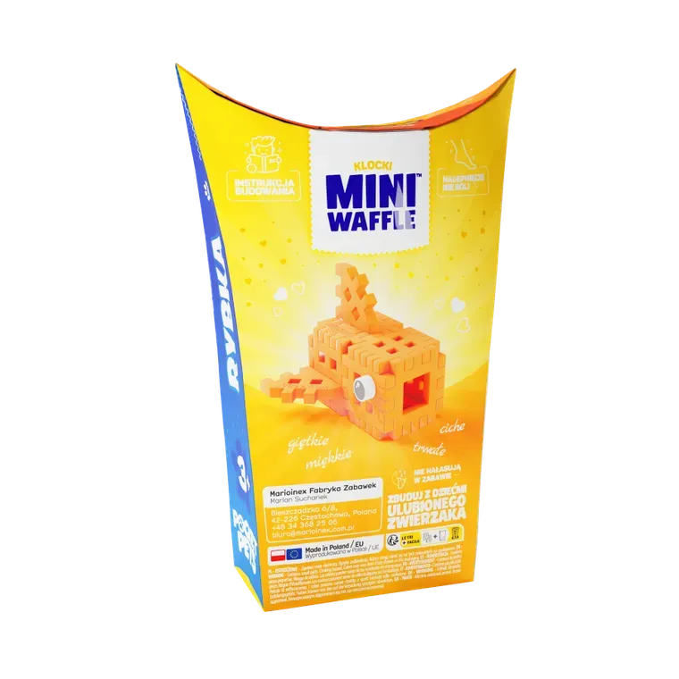 Embalagem lateral do Mini Waffle Pocket Pets da Marioinex, mostrando detalhes do produto e informações.
