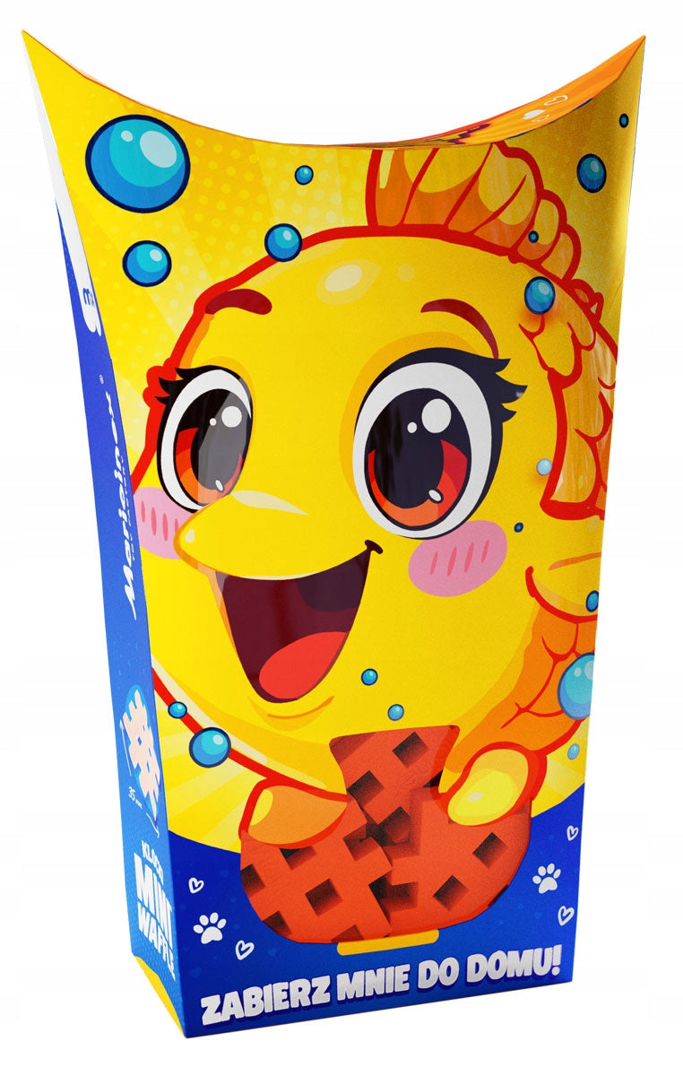 Embalagem do Mini Waffle Pocket Pets da Marioinex com um peixe laranja adorável.