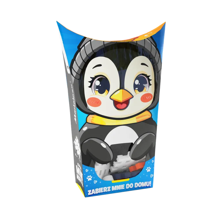 Embalagem do Mini Waffle Pocket Pets da Marioinex com um pinguim fofo.