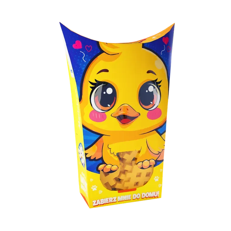 Embalagem de cartão colorida em formato de cone para os Pocket Pets, com ilustração de um pintainho amarelo fofo.