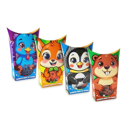 Quatro embalagens de Mini Waffle Pocket Pets da Marioinex, cada uma com um animal diferente: um pássaro, um esquilo, um pinguim e uma lontra.
