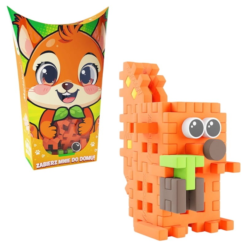 Esquilo laranja construído com blocos Mini Waffle Pocket Pets e a sua embalagem.