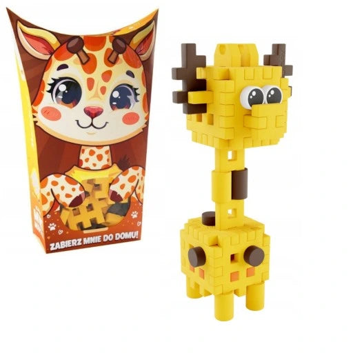 Girafa amarela construída com blocos Mini Waffle Pocket Pets e a sua embalagem.