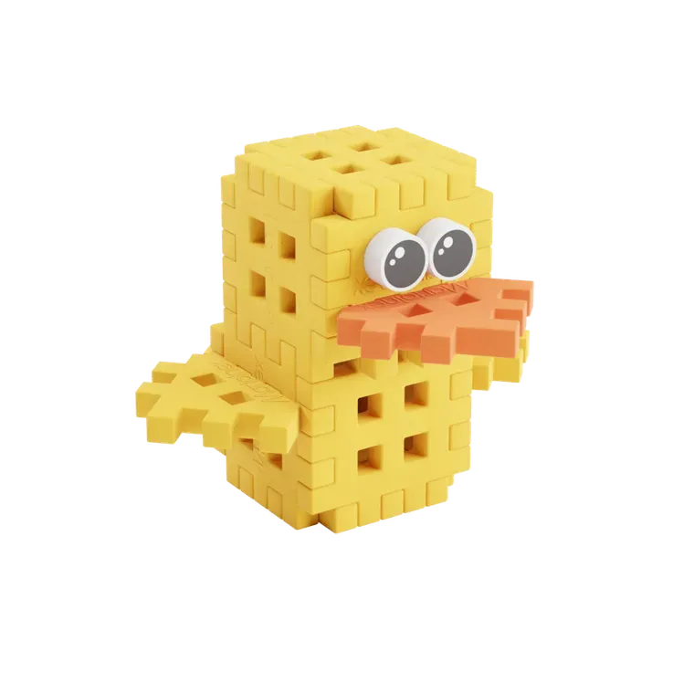 Pato amarelo construído com blocos de construção Marioinex Mini Waffle, com bico e olhos grandes.