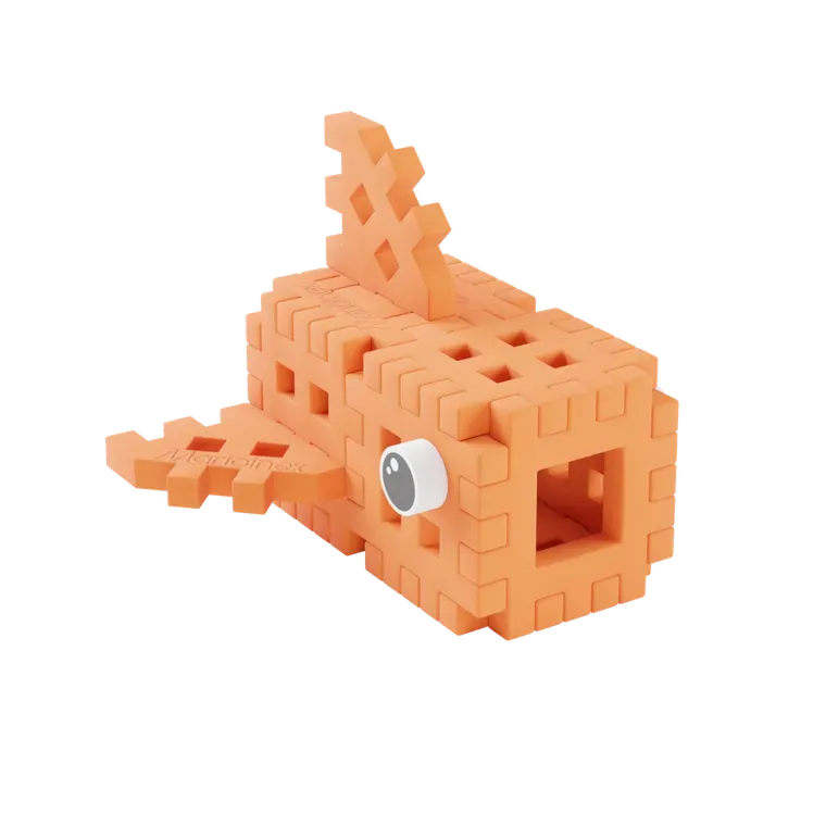 Peixe laranja construído com blocos Mini Waffle Pocket Pets da Marioinex, visto de um ângulo diferente.
