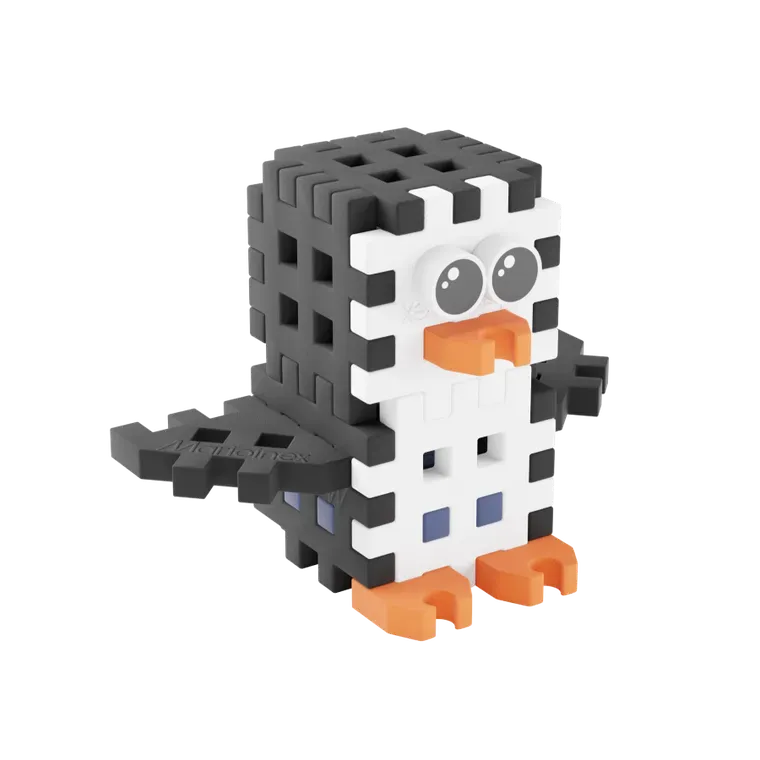 Pinguim construído com blocos de construção Marioinex Mini Waffle Pocket Pets, em preto, branco e laranja.