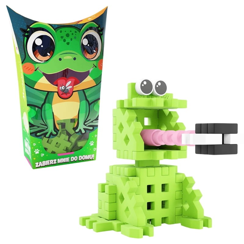 Sapo verde construído com blocos Mini Waffle Pocket Pets e a sua embalagem.