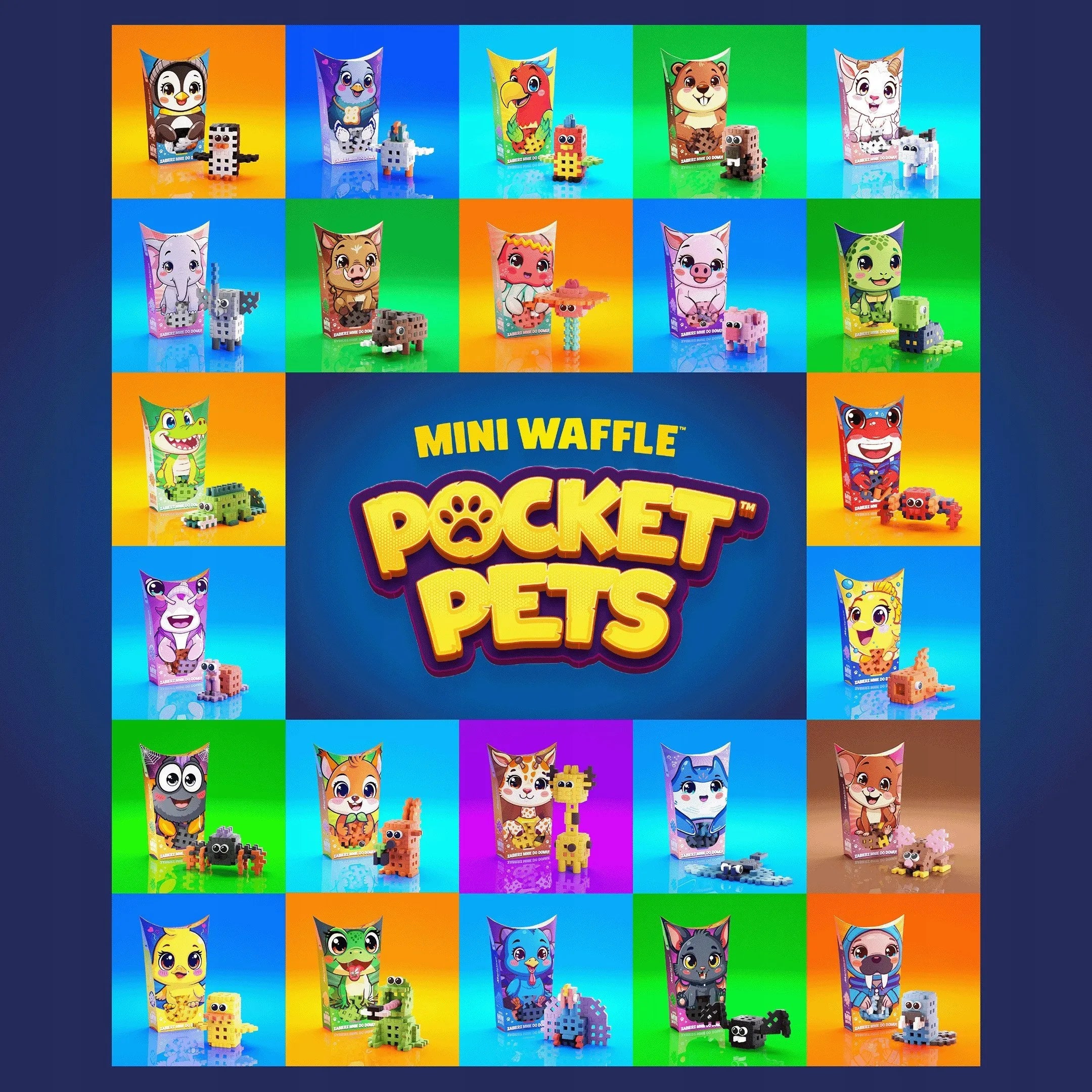 Vários Mini Waffle Pocket Pets da Marioinex, animais fofinhos construídos com blocos macios e coloridos. Ideal para estimular a criatividade infantil.