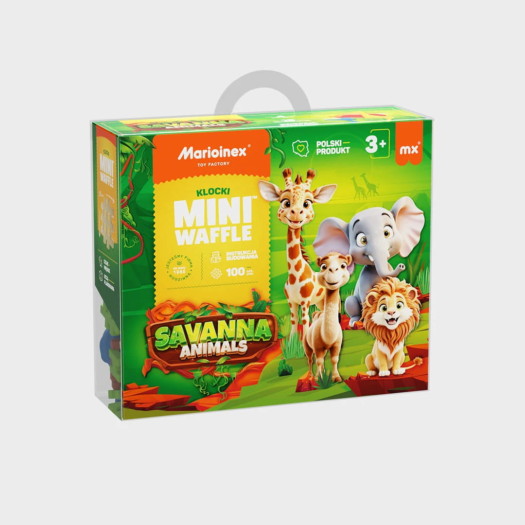Caixa do Marioinex Mini Waffle Savana com 100 peças, apresentando imagens vibrantes dos animais da savana e blocos.