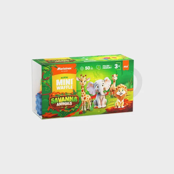Caixa do Marioinex Mini Waffle Savana com 50 peças, mostrando imagens dos animais da savana e blocos coloridos.