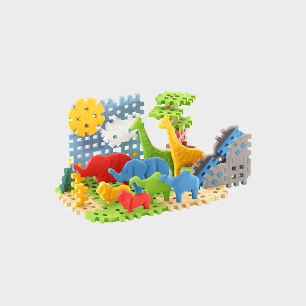 Conjunto completo de blocos de construção Mini Waffle Savana da Marioinex, com figuras de animais africanos, pronto para montar.