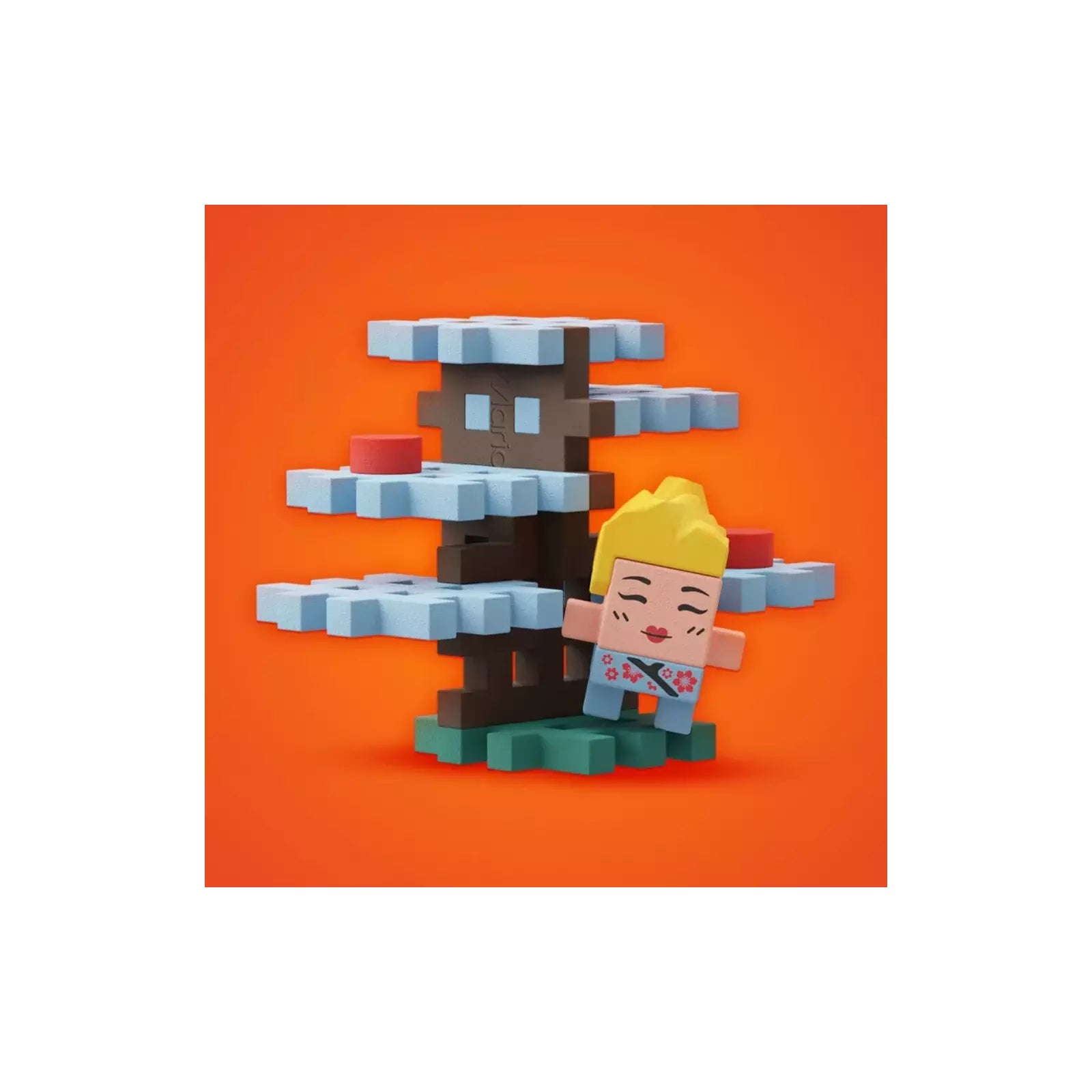 Personagem Mini Waffle construída com blocos, num cenário em miniatura.