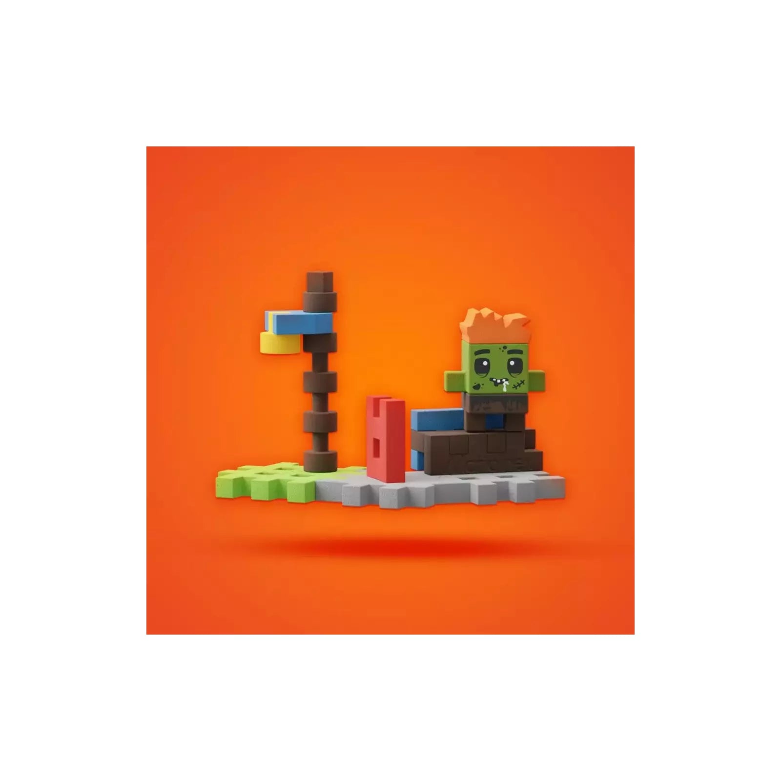Personagem Mini Waffle tipo zumbi construída com blocos, num cenário em miniatura.
