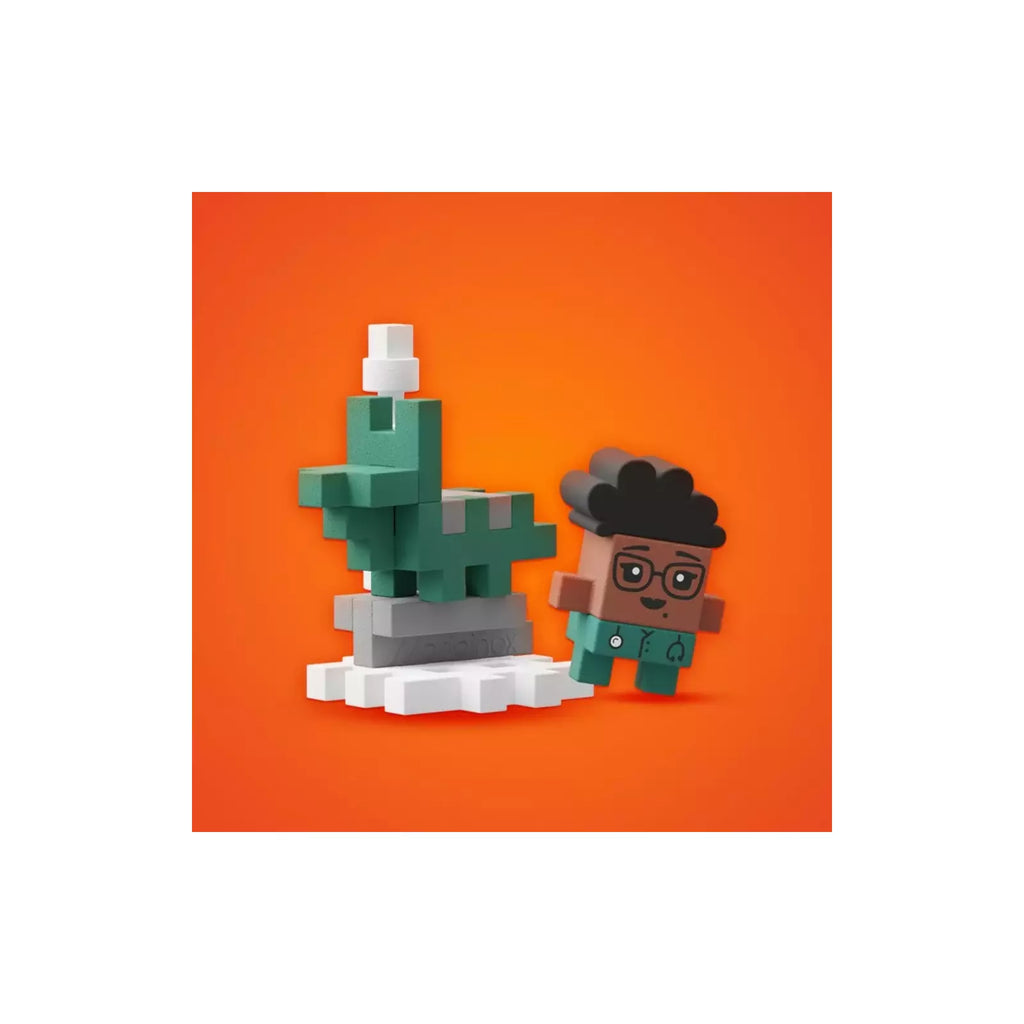 Personagem Mini Waffle médica construída com blocos, num cenário em miniatura.