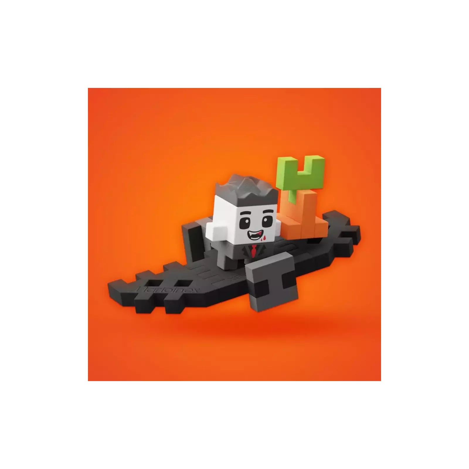 Personagem Mini Waffle tipo fantasma construída com blocos, num cenário em miniatura.