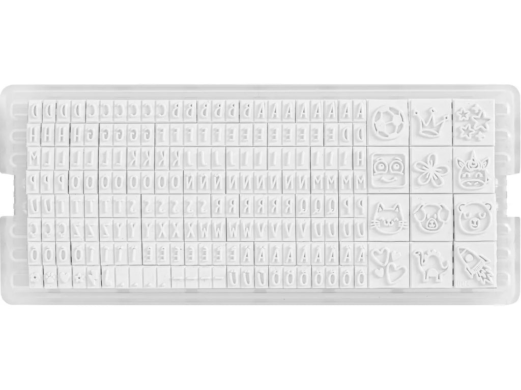 Conjunto de tipos intercambiáveis (letras, números e 12 imagens) para personalizar o carimbo MARKY Mine DIY.