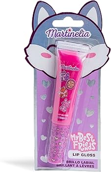 Embalagem de gloss labial Martinelia My Best Friend's, com um design roxo e ilustração de animais, apresentando o produto em formato de bisnaga.