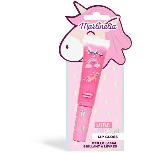 Embalagem de gloss labial Martinelia Little Unicorn, com um design rosa e um unicórnio ilustrado, mostrando o aplicador na parte inferior.