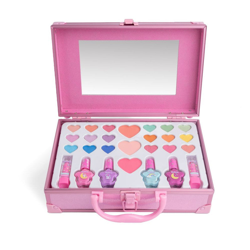 Mala de maquilhagem Martinelia Little Unicorn aberta, com espelho, 18 sombras de olhos em forma de coração, 4 vernizes de unhas e 2 batons.