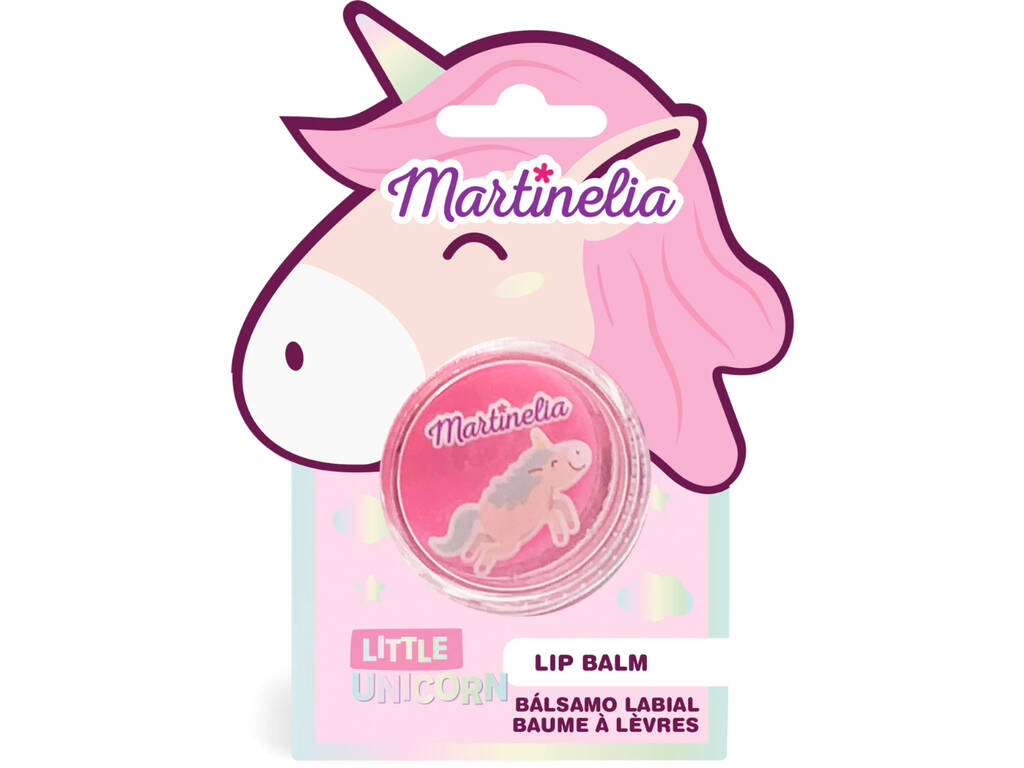 Detalhe da embalagem do batom labial Martinelia Little Unicorn, mostrando o recipiente rosa com a tampa decorada com um unicórnio.