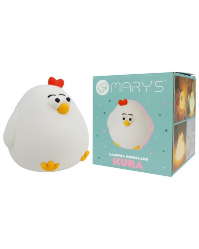 Luz noturna em forma de galinha de silicone branca ao lado da sua embalagem colorida com o logo da Mary's e ilustrações de luzes noturnas.
