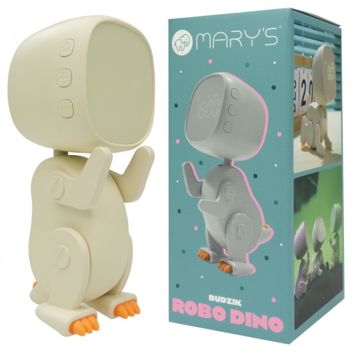 Despertador infantil em forma de dinossauro robotizado na cor branca com detalhes em silicone.