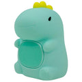 Luz de presença infantil em forma de dinossauro verde com despertador digital integrado e corpo em silicone suave.