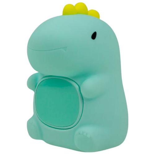 Luz de presença infantil em forma de dinossauro verde com despertador digital integrado e corpo em silicone suave.