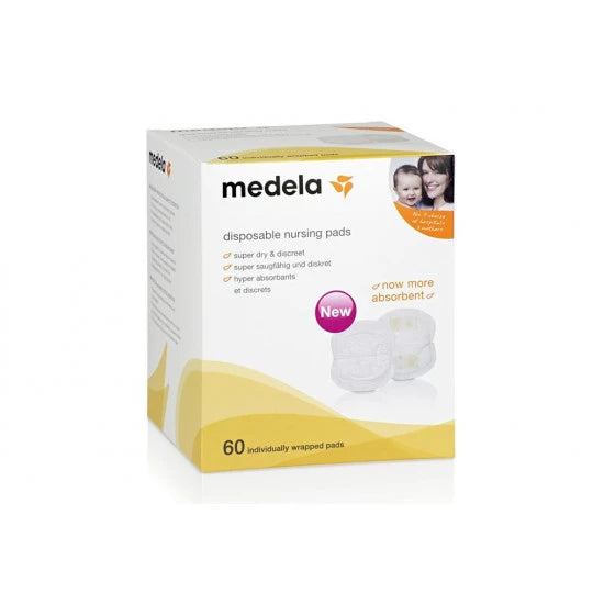 Embalagem branca e amarela dos Discos Absorventes Descartáveis Medela, com 60 unidades, mostrando o produto e uma mãe sorridente.