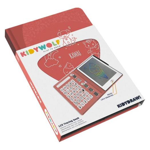 Embalagem do KidyWolf Tablet de desenho com caneta Kawai, mostrando o tablet, o ecrã LCD e o design em formato de livro cor-de-rosa.