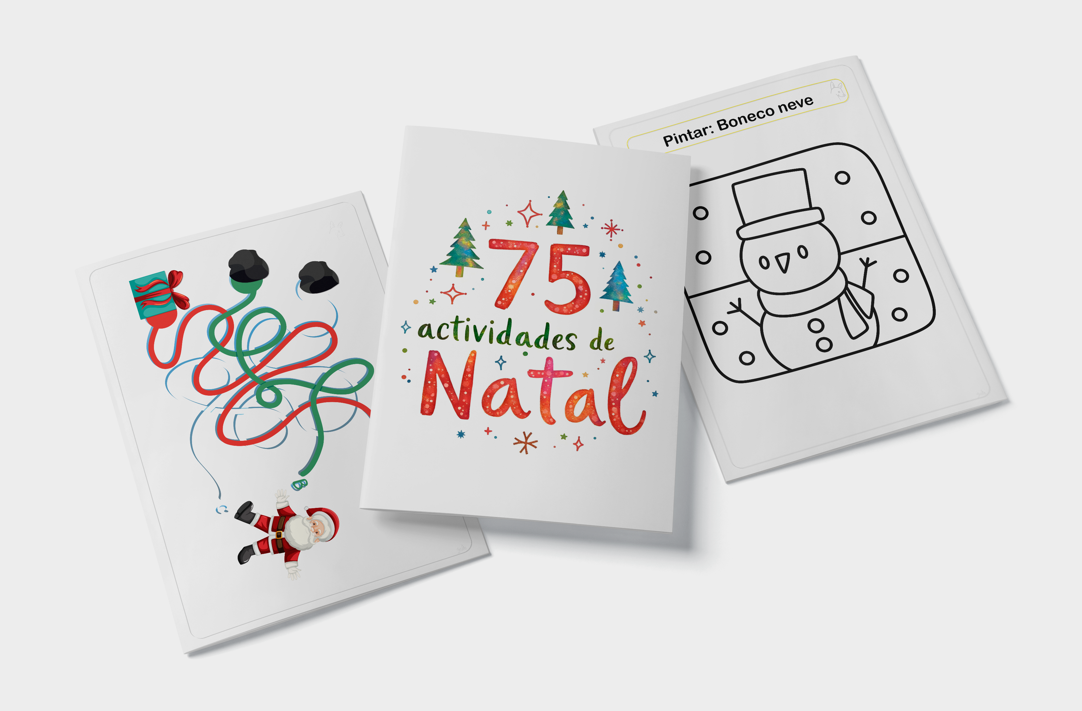 Detalhe do Ebook de 75 Atividades de Natal, mostrando a capa festiva e uma ficha de colorir de boneco de neve.
