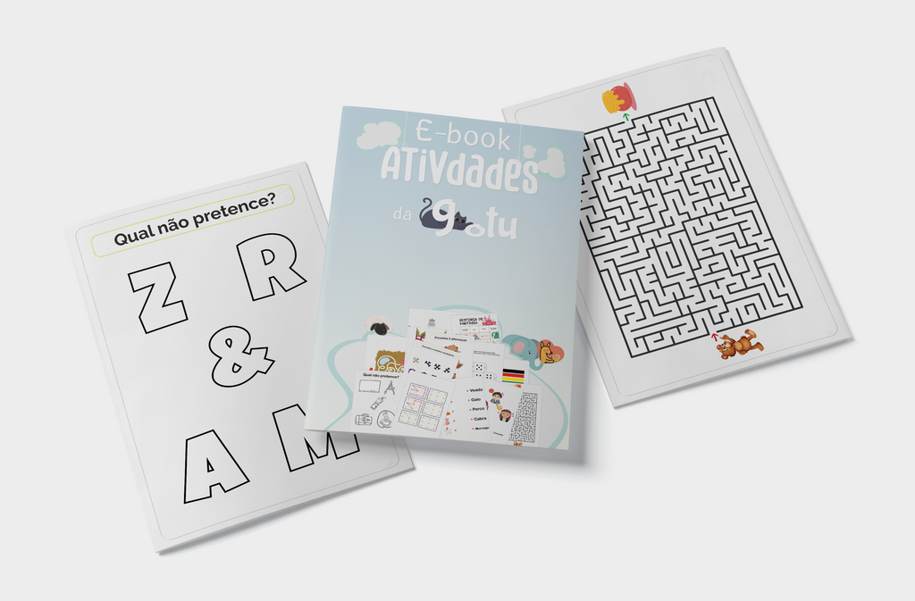 Ebook de Atividades com um labirinto e uma ficha de "Qual não pertence?" (letras Z, R, &, A, M) do Mega Bundle.