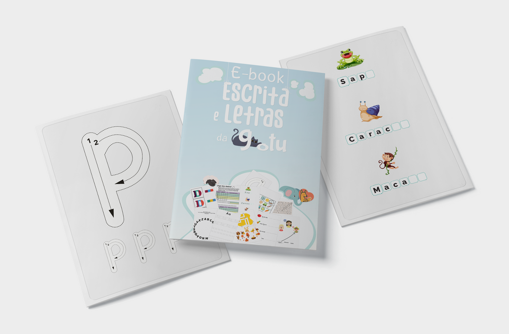 Ebook de Escrita e Letras da Gotu, exibindo uma ficha de traçado da letra 'P' e uma página de preenchimento de palavras com animais.