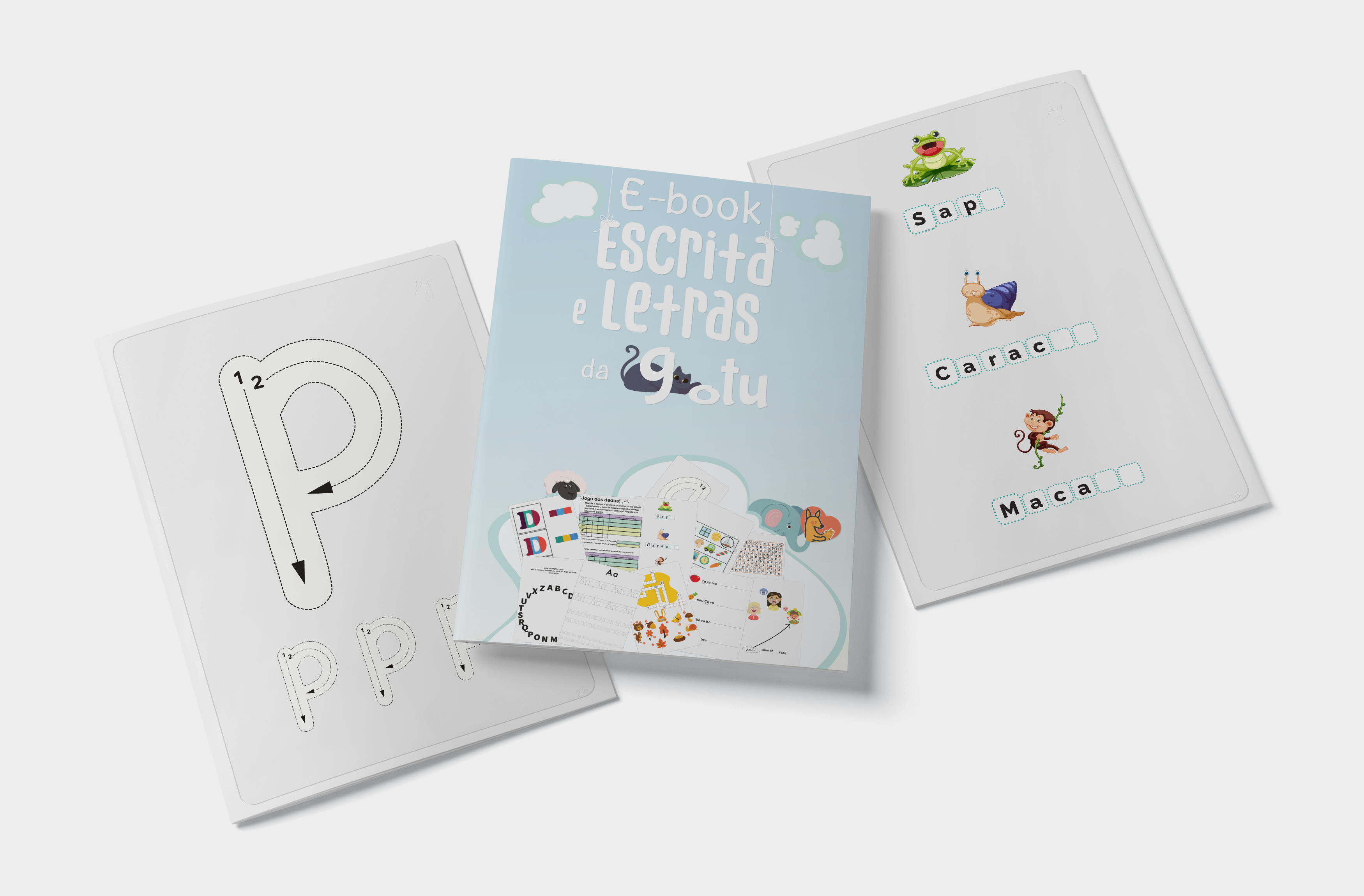 Ebook de Escrita e Letras da Gotu, exibindo uma ficha de traçado da letra 'P' e uma página de preenchimento de palavras com animais.