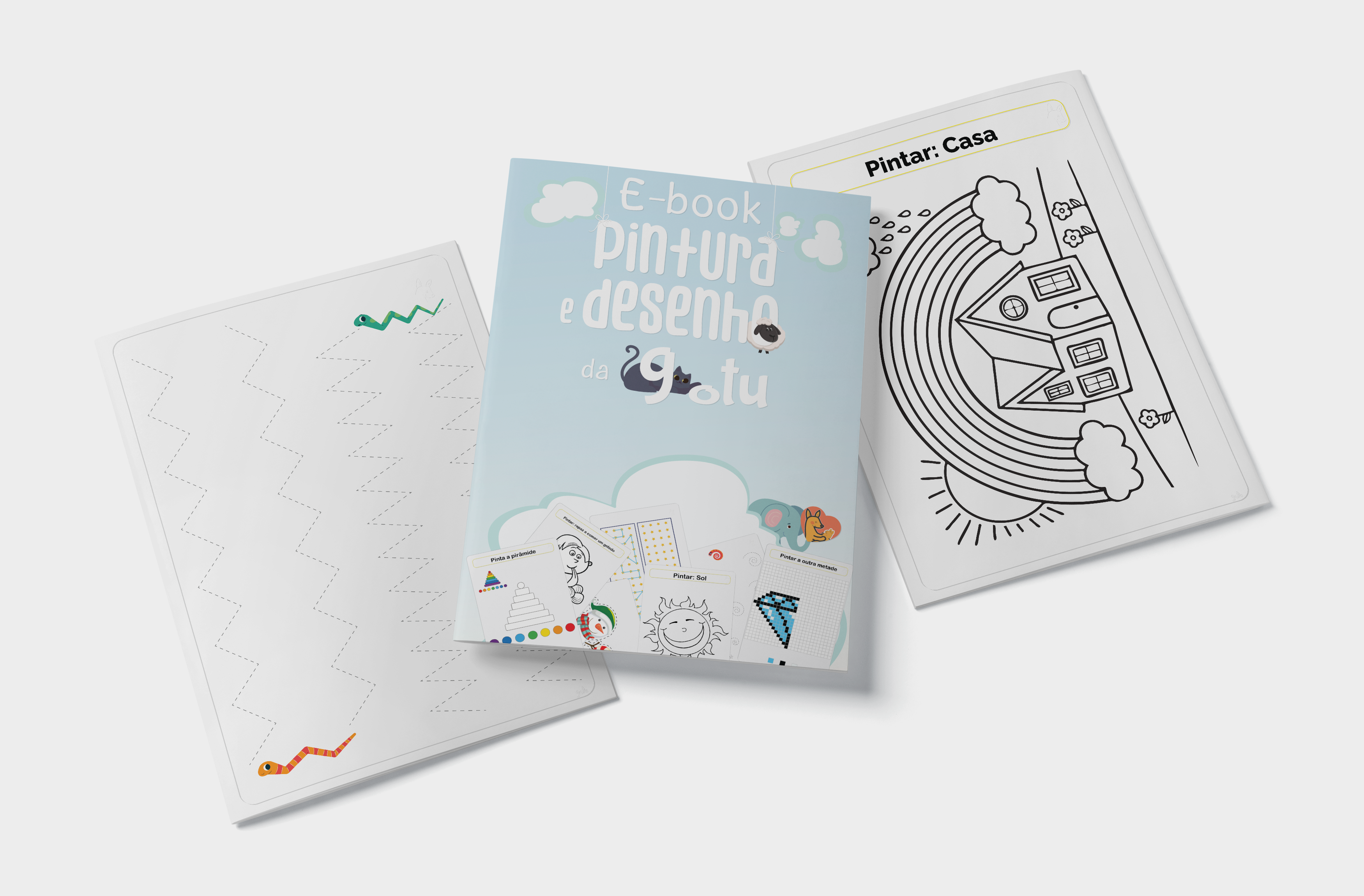 Capa do Ebook "Pintura e Desenho" do Mega Bundle, com fichas de atividades de traçado de serpente e desenho de arco-íris para pintar.