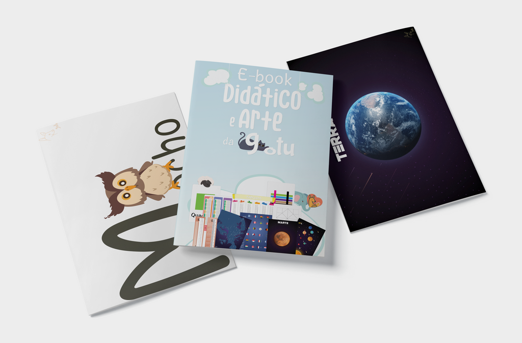 Conjunto de três Ebooks do Mega Bundle: "Didático e Arte" no centro, um sobre a Terra e outro com uma coruja, representando a variedade de conteúdos.