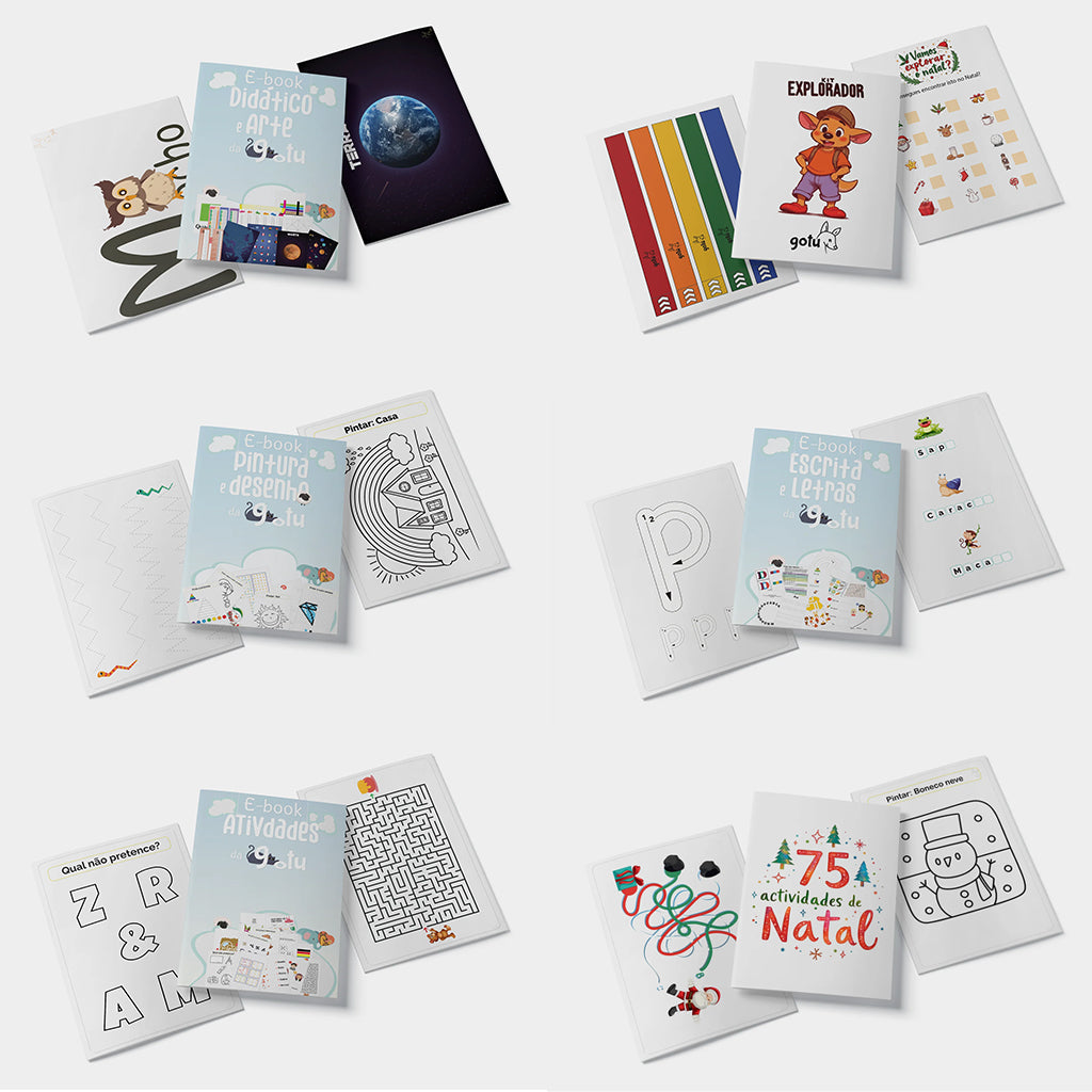 Visualização de vários ebooks de atividades digitais do Mega Bundle Gotu, incluindo arte, exploração, pintura, escrita e lógica, com temas variados.