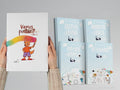 Mãos a segurar o livro "Vamos Pintar? Vol. 1" ao lado dos quatro e-books da coleção de atividades Gotu, mostrando o bundle completo.