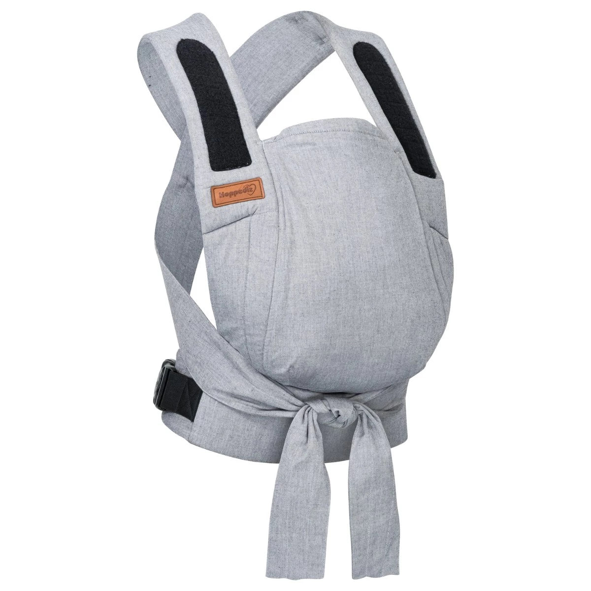 Mei Tai Hoppediz Híbrido Bondolino B.Pure All Grey, um porta-bebés ergonómico cinzento, sem fivelas, com alças longas para amarração.