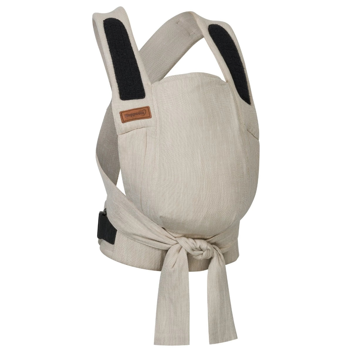 Mei Tai Hoppediz Híbrido Bondolino B.Pure Cádiz: Vista frontal do porta-bebés com bebé posicionado de frente para o portador, mostrando o tecido estampado e as alças cruzadas.