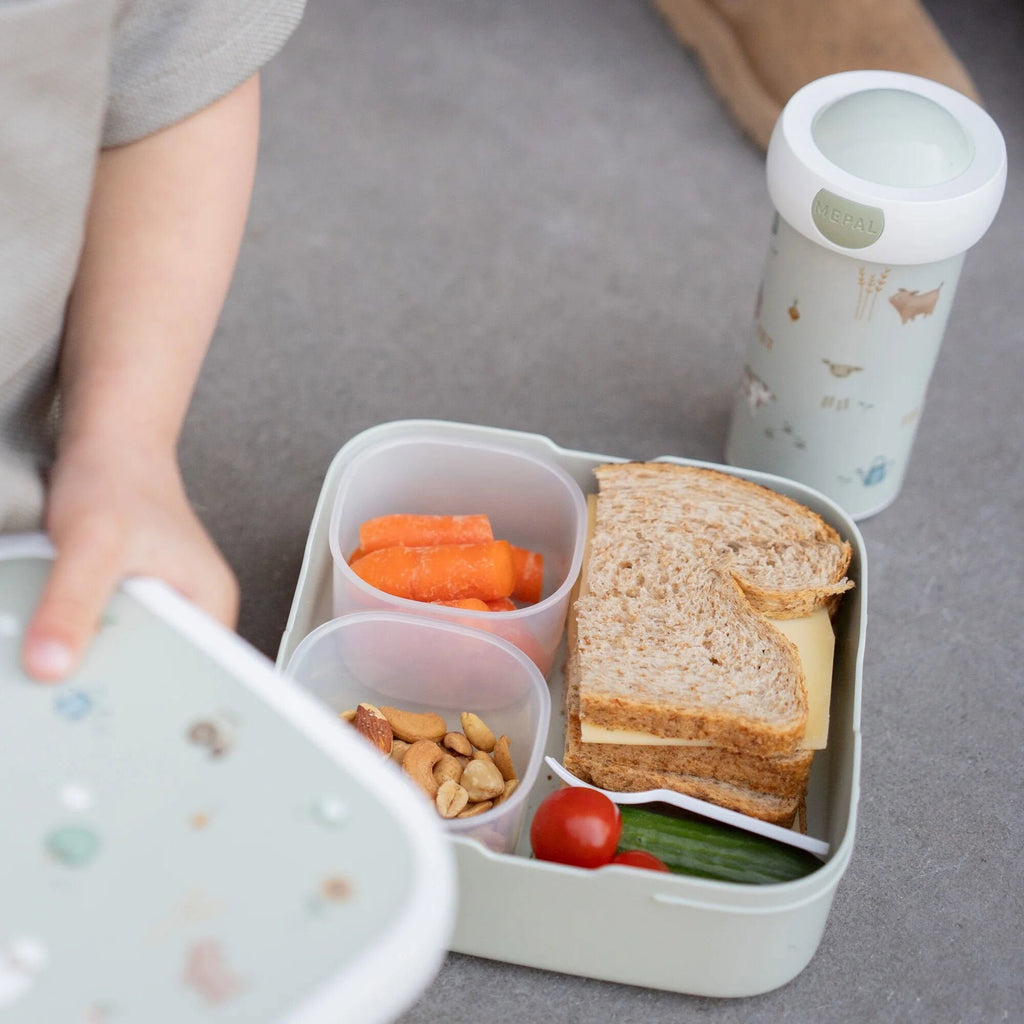 Lancheira aberta com as duas caixas bento e o garfo