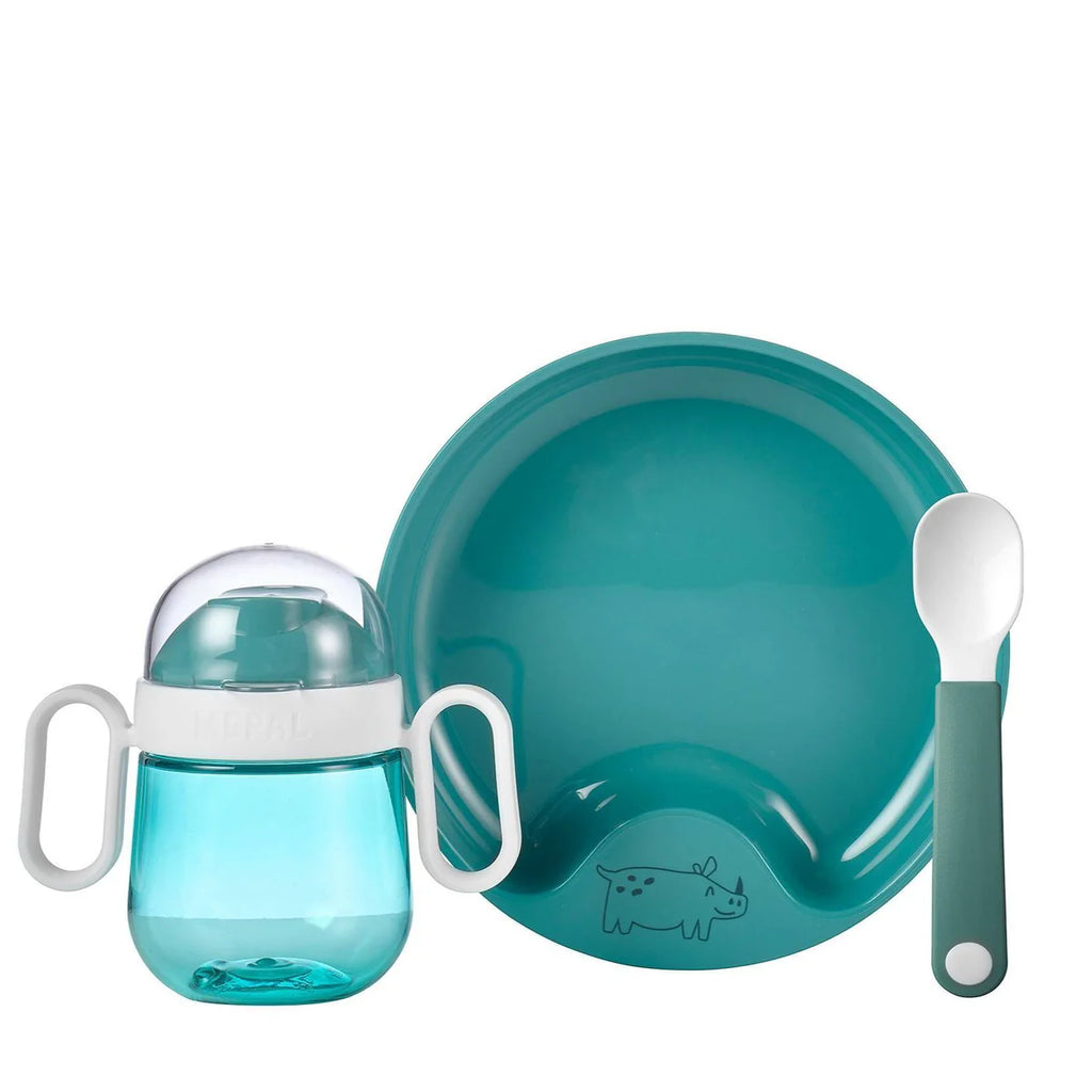 Conjunto de refeição infantil Mepal Mio em turquesa com copo 360, prato de treino e colher ergonómica para bebés.